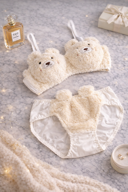Пушистый Женский плюшевый комплект белья Teddy Bear Cream — бюстгальтер и трусики Размер S - изображение 4