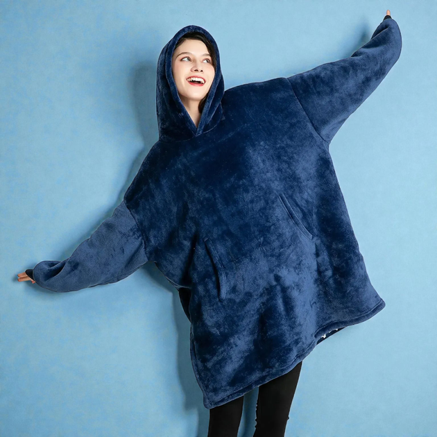 Плед-толстовка Huggle Hoodie Синий теплый плед-халат с капюшоном и рукавами - изображение 4