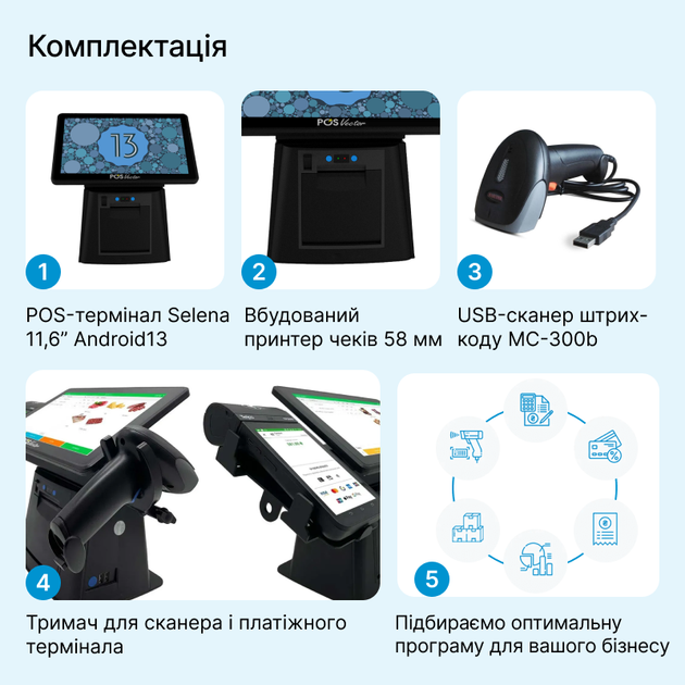 Комплексная касса 5-в-1 SHIVA POS Android 13 для магазина и торговли. POS-терминал + принтер чеков + сканер штрихкодов + держатель для сканера и платежного терминала (SHIVA-A13) - изображение 3