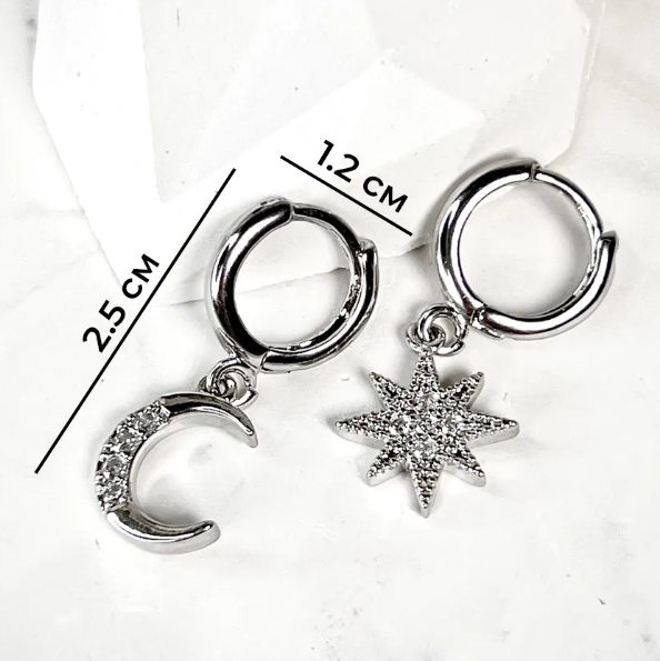 Сережки конго Fashion Jewerly Луна/Звезда ассиметричные в стиле Y2K, покрытие серебро 925, серебристый цвет (SVS) - изображение 3