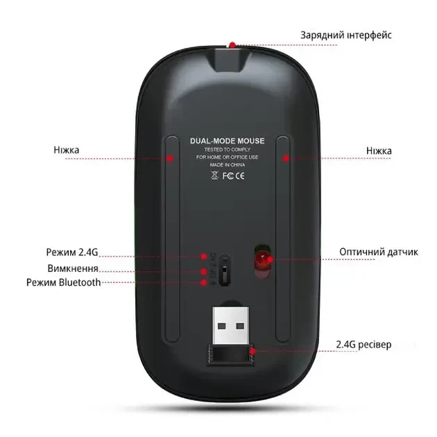 Беспроводная компьютерная мышка 2в1 Bluetooth + USB, аккумуляторная, тихая, 1600 DPI, эргономичная, черная - изображение 6