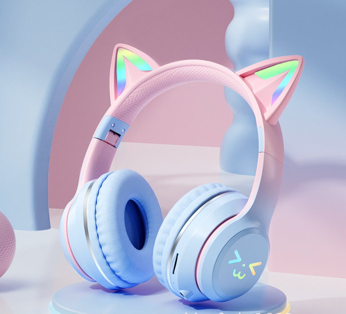 Дитячі бездротові навушники CATEAR BT618 з вушками та RGB-підсвіткою Bluetooth Синьо-рожеві - зображення 3