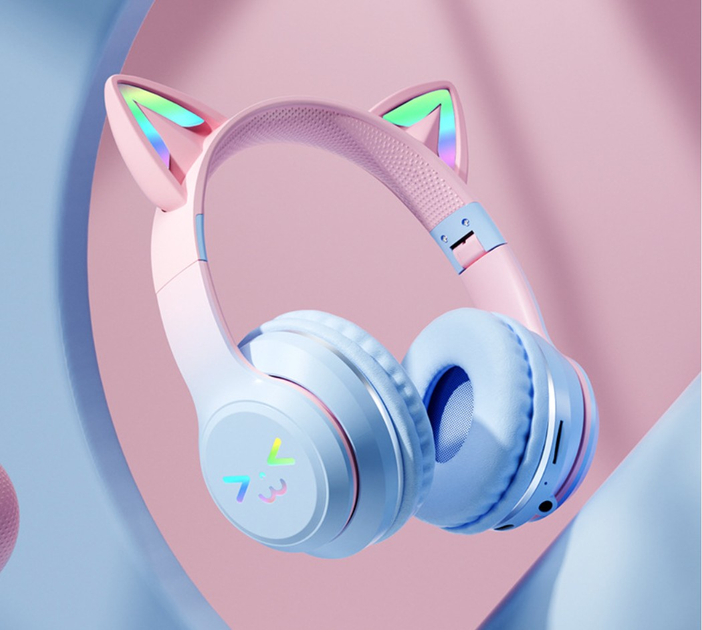 Дитячі бездротові навушники CATEAR BT618 з вушками та RGB-підсвіткою Bluetooth Синьо-рожеві - зображення 4