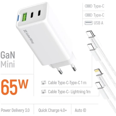 Зарядний пристрій ColorWay GaN Mini 65W PD Port PPS USB (USB-2C1A) cable Type-C&Lightning (CW-CHS058PDCL-WT) - зображення 2