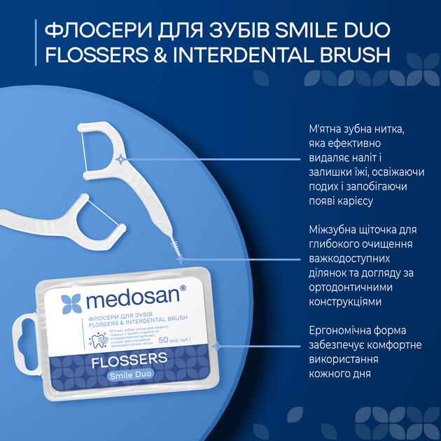 Флоссеры для зубов Smile Duo Flossers&Interdental brush Medosan 50 шт 4823109412194 - Фото 2 Флоссеры для зубов Smile Duo Flossers&Interdental brush Medosan 50 шт 4823109412194 - изображение 2