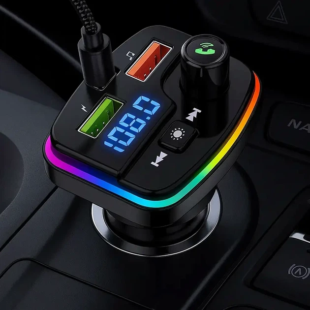 FM трансмиттер PERVOI CTC-732 с зарядкой 2xUSB Type-C Bluetooth поддержка MP3 RGB подсветка для автомобиля - изображение 2