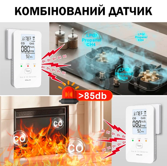 Детектор 4в1 GC03 утечки газа и угарного газа CO с дисплеем, сигнализацией, измерением температуры и влажности Белый - изображение 3