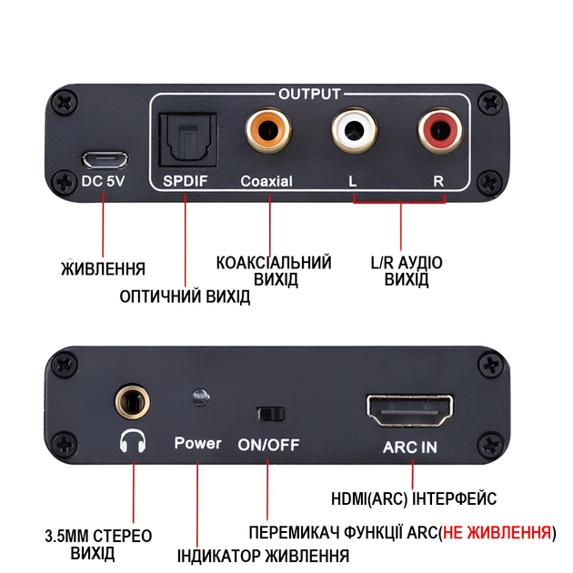 HDMI ARC аудио экстрактор Addap HAE-04, конвертер звука с HDMI на RCA/Toslink (SPDIF)/Coaxial/AUX 3.5 мм для ТВ, саундбаров и усилителей (1313) - изображение 4