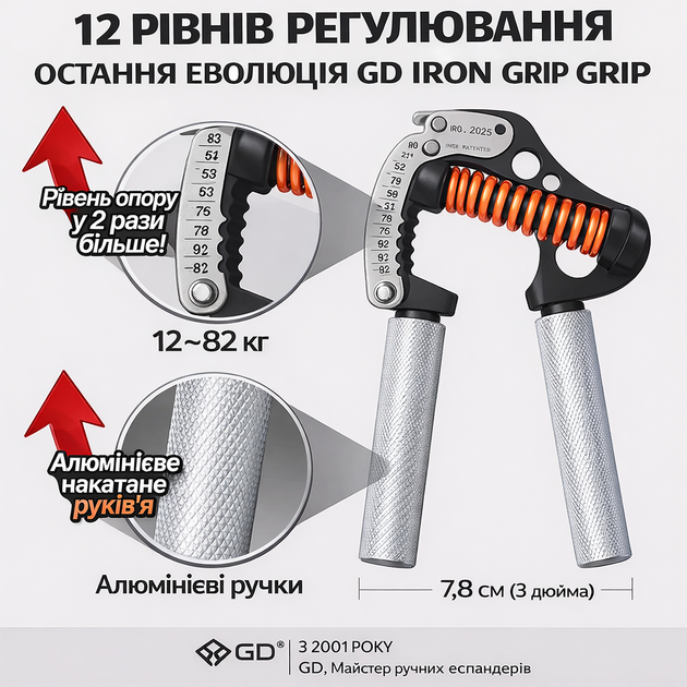 GD IRON GRIP – регулируемый кистевой эспандер 25–80 кг, тренажер для силы хвата и тренировки кистей и предплечий - Фото 6 GD IRON GRIP – регулируемый кистевой эспандер 25–80 кг, тренажер для силы хвата и тренировки кистей и предплечий - изображение 6