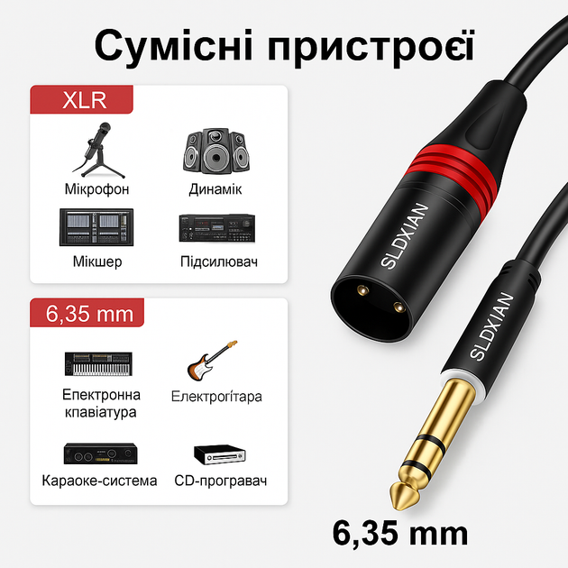 Аудіокабель SLDXIAN XLR - 6,35 мм TRS Male to Male Balanced Stereo 5 м - зображення 2