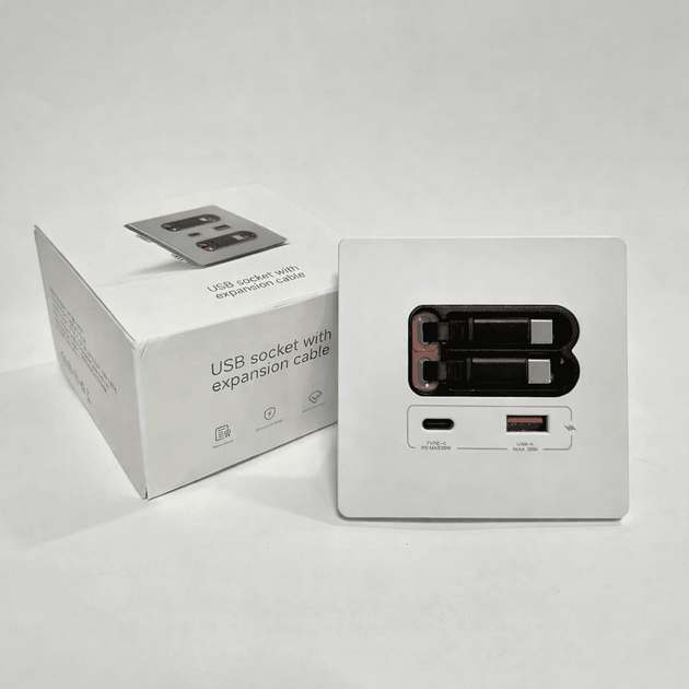 Розетка Folem RZ2-2С з висувними кабелями Type-C, портами Type-C і USB, швидке заряджання 20W PD3.0 QC3.0, внутрішня - Білий - Фото 6 Розетка Folem RZ2-2С з висувними кабелями Type-C, портами Type-C і USB, швидке заряджання 20W PD3.0 QC3.0, внутрішня - Білий - зображення 6