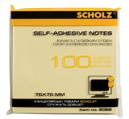 Стікер клейкий SCHOLZ 76х76мм 100арк. жовтий 8068 (02041393) - Фото 1 Стікер клейкий SCHOLZ 76х76мм 100арк. жовтий 8068 (02041393) - изображение 1