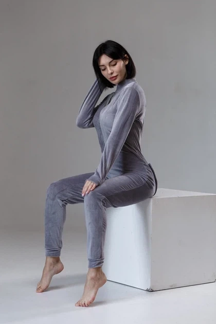 Жіноча велюрова піжама жакет SweetJama Delight з кишенею на попі М сіра - Фото 3 Жіноча велюрова піжама жакет SweetJama Delight з кишенею на попі М сіра - зображення 3