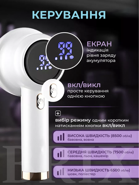 Машинка для видалення ковтунців Біла 8 Вт 3 швидкості LED-дисплей Акумуляторна - зображення 2