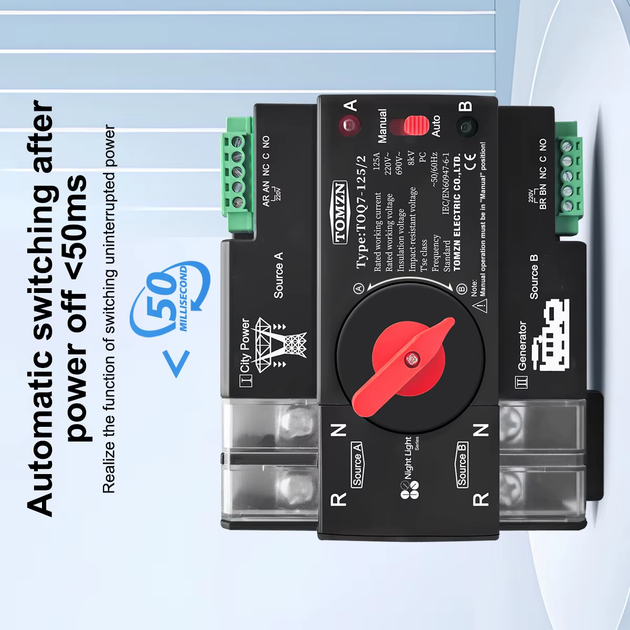 Автоматичний перемикач вводу резерву TOMZN ATS DIN Rail 2P , 63A, 230V - Фото 1 Автоматичний перемикач вводу резерву TOMZN ATS DIN Rail 2P , 63A, 230V - зображення 1