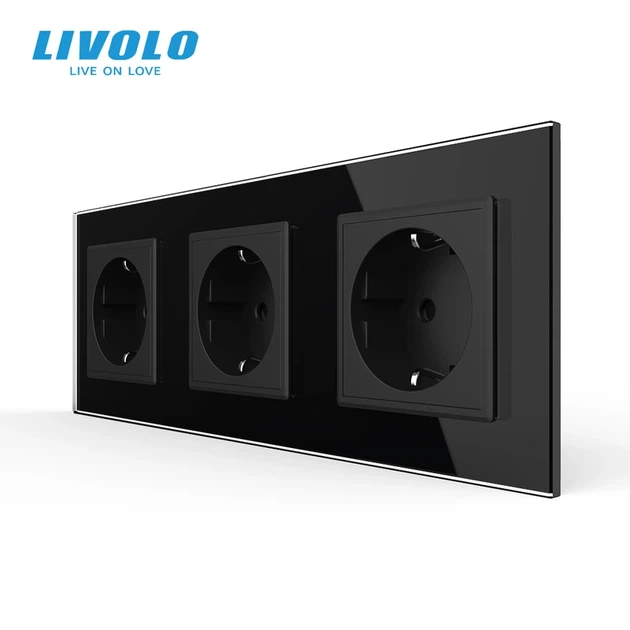 Потрійна електрична розетка з заземленням LIVOLO, чорна, скляна рамка, шторки, 250В 16А (VL-C7C3EU-12) (VL-C7FCTC16A-6BP) - Фото 1 Потрійна електрична розетка з заземленням LIVOLO, чорна, скляна рамка, шторки, 250В 16А (VL-C7C3EU-12) (VL-C7FCTC16A-6BP) - зображення 1