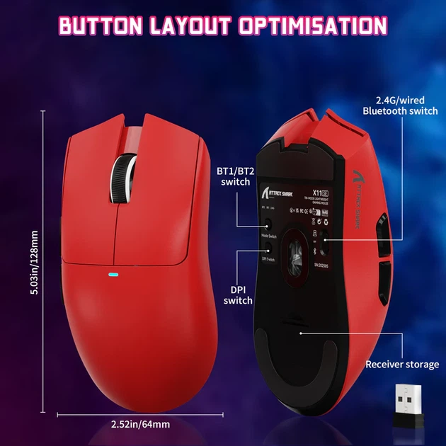 Ігрова бездротова миша ATTACK SHARK X11SE 59 г | PixArt PAW3311 | Tri-Mode 2.4G / Bluetooth / USB | до 18 000 DPI (червона) - зображення 4