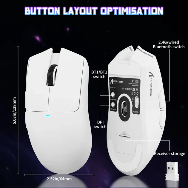 Ігрова бездротова миша ATTACK SHARK X11SE 59 г | PixArt PAW3311 | Tri-Mode 2.4G / Bluetooth / USB | до 18 000 DPI (біла) - зображення 6