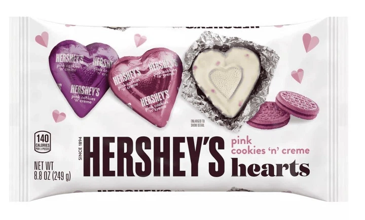 Шоколадні цукерки Hershey's Valentine's Day Pink Cookies 'n Crème Hearts Candy 249г - Фото 1 Шоколадні цукерки Hershey's Valentine's Day Pink Cookies 'n Crème Hearts Candy 249г - зображення 1