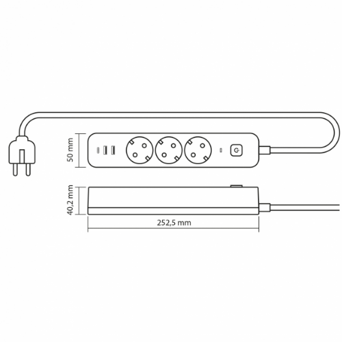 Мережевий подовжувач із заземленням 3 розетки/2USB-A/1Type-C 3м з кнопкою білий VF-PD33G2U1C-W Oncord Videx - изображение 3
