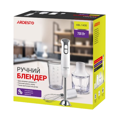 Блендер погружний 700W + подрібнювач 0.3л + вінчик + чаша 600мл білий HBL-1430 Ardesto - Фото 2 Блендер погружний 700W + подрібнювач 0.3л + вінчик + чаша 600мл білий HBL-1430 Ardesto - изображение 2