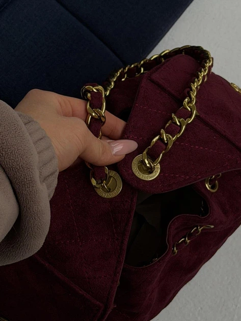 Сумка жіноча Chanel замшева шнурок логотип бордова 27×20×13 см (LUX1077) - зображення 2