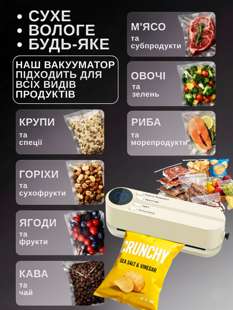 Вакууматор пакувальник Vacuum Sealer 2 в 1 універсальна пакувальна машина компактний пакувальний вакуумний пристрій кухонний вакуумний прилад для пакування з функцією запаювання пакетів 60 кПа 150 мм для зберігання харчових продуктів апарат для паяння - зображення 5