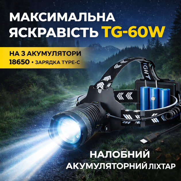 Налобний ліхтар X-balog TG-60W яскравий діод на 3 акумулятори 18650 type-c зарядка - Фото 1 Налобний ліхтар X-balog TG-60W яскравий діод на 3 акумулятори 18650 type-c зарядка - зображення 1