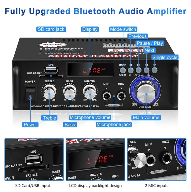Усилитель звука UKC AMP-298 2 канала по 300 Вт с поддержкой Bluetooth и USB 10374 - Фото 7 Усилитель звука UKC AMP-298 2 канала по 300 Вт с поддержкой Bluetooth и USB 10374 - изображение 7