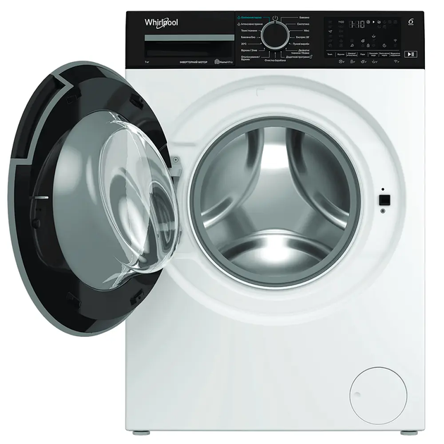 Стиральная машина Whirlpool WAM764WKBUA фронтальная, 7кг, 1400, A, 49.6см, дисплей, пар, инвертор, люк черный, белый - изображение 2