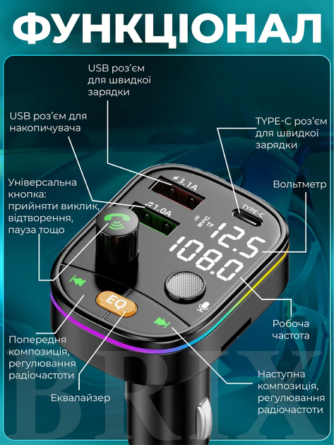 FM-трансмиттер Bluetooth 5.0 Hands-Free USB 3.1A + Type-C MicroSD RGB Черный - изображение 3