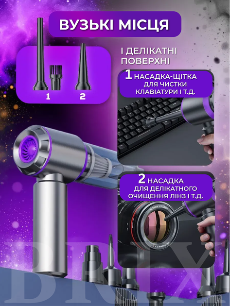 Пылесос автомобильный Серый с фиолетовым 15 kPa 6000 mAh 3-в-1 с функцией выдува и вакууматора - изображение 8