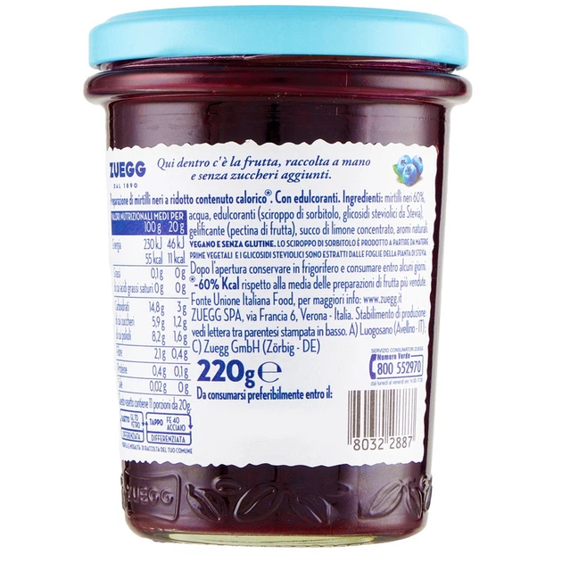 Джем з Чорниці без Цукру та Консервантів Zuegg Mirtilli Neri Zero 220г - изображение 2