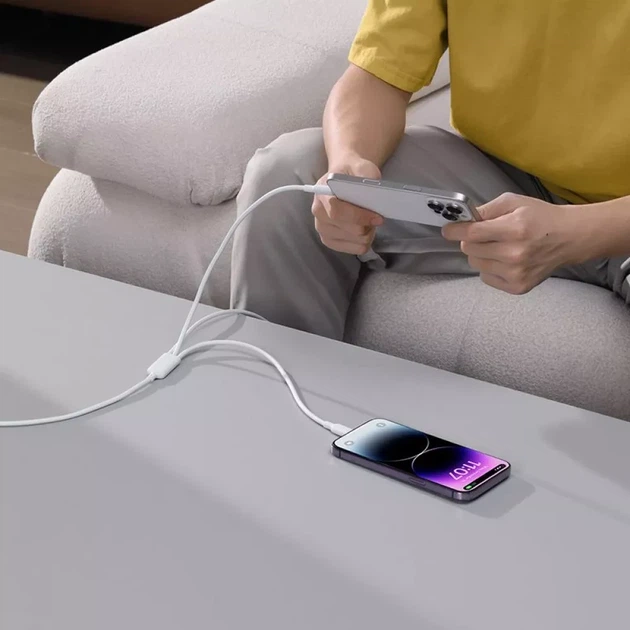 Кабель 3-в-1 Baseus Silky One-for-Three Fast Charging Type-C to Micro USB+Lightning+Type-C 100W (1.5m) white - Фото 2 Кабель 3-в-1 Baseus Silky One-for-Three Fast Charging Type-C to Micro USB+Lightning+Type-C 100W (1.5m) white - зображення 2