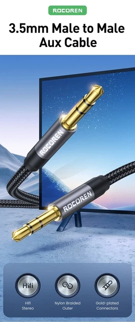 Аудио кабель AUX 1 метр Mini Jack 3.5 мм – 3.5 мм, кабель 3.5mm to 3.5mm для наушников и колонок Rocoren TY-43 - Фото 3 Аудио кабель AUX 1 метр Mini Jack 3.5 мм – 3.5 мм, кабель 3.5mm to 3.5mm для наушников и колонок Rocoren TY-43 - изображение 3