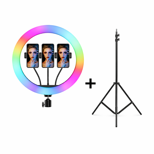 Разноцветная кольцевая RGB LED лампа 36 см 3 крепления смартфона Studio Light + штатив 2м (SMJ-36) - изображение 2