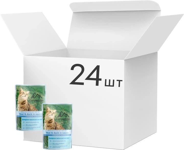 Влажный корм для кошек Carpathian Pet Food телятина с уткой в соусе 24×100 г - Фото 1 Влажный корм для кошек Carpathian Pet Food телятина с уткой в соусе 24×100 г - изображение 1