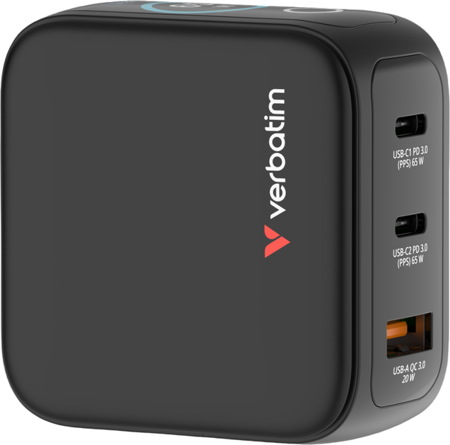 Мережевий зарядний пристрій Verbatim Mini GaN Charger 3-port 65W with Display Black (23942302384) - зображення 3