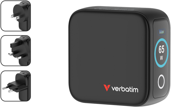 Мережевий зарядний пристрій Verbatim Mini GaN Charger 3-port 65W with Display Black (23942302384) - зображення 4