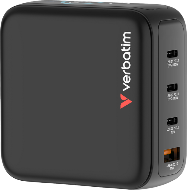 Мережевий зарядний пристрій Verbatim Mini GaN Charger 4-port 140W with Display Black (23942302407) - зображення 3