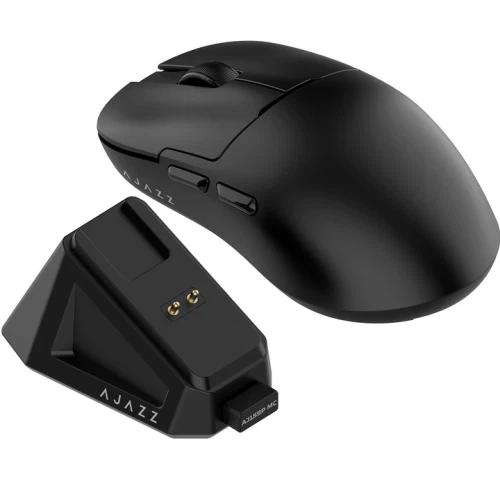 Миша бездротова Ajazz AJ159P MC, Black, Bluetooth / USB 2.4GHz / Type-C, оптична (сенсор PixArt PAW3311), до 12000 dpi, перемикачі Huano, 6 кнопок, 400 mAh, магнітна зарядна база, кабель 1.5 м, радіус дії до 10 м - изображение 2