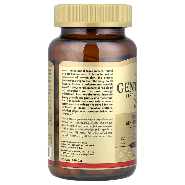 М'яке залізо SOLGAR "Gentle Iron" легкозасвоюване, хелатний бисглицинат заліза, 25 мг (180 капсул) - зображення 3