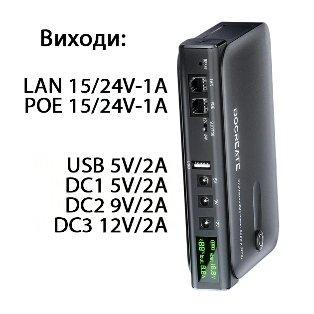 Источник бесперебойного питания Docreate DC1036L 36W UPS компактный ИБП для роутера модема камеры с дисплеем (без батарей) - изображение 7