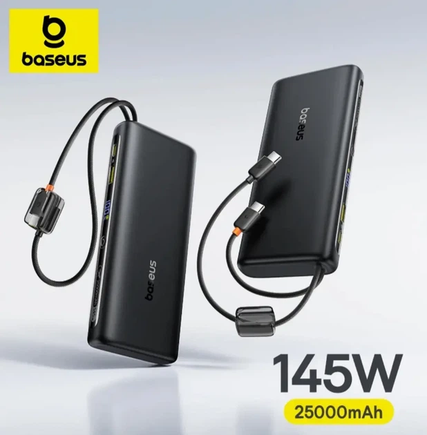Павербанк Baseus 25000 mAh 145W Power Bank со встроенными USB-C кабелями, быстрая зарядка PD 3.1, внешний аккумулятор для ноутбука - Фото 1 Павербанк Baseus 25000 mAh 145W Power Bank со встроенными USB-C кабелями, быстрая зарядка PD 3.1, внешний аккумулятор для ноутбука - изображение 1