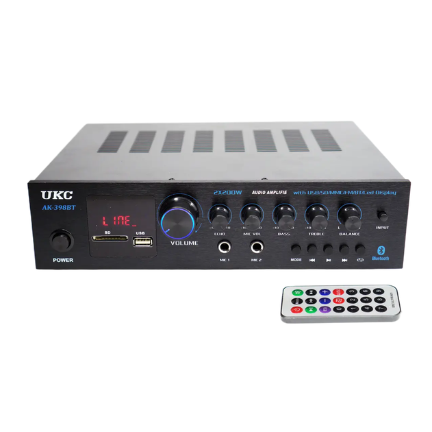 Усилитель звука с караоке UKC AK-398BT Bluetooth/USB/FM/SD/MP3 2x200 Вт с микрофонами и пультом Black (10373) - изображение 2