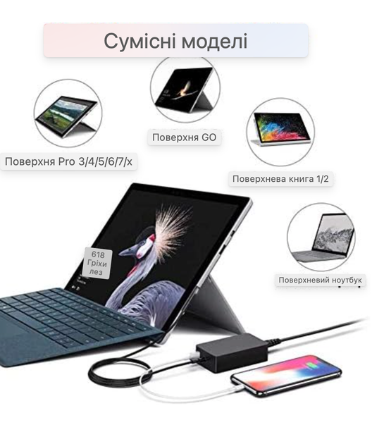 Зарядное устройство 65W для Microsoft Surface Pro 3/4/5/6/7/X, Surface Book 1, адаптер питания с USB - Фото 4 Зарядное устройство 65W для Microsoft Surface Pro 3/4/5/6/7/X, Surface Book 1, адаптер питания с USB - изображение 4