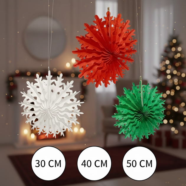 Набор подвесных бумажных новогодних украшений “Снежинка”, 3 шт | Paper Hanging Decorations Snowflake - Фото 1 Набор подвесных бумажных новогодних украшений “Снежинка”, 3 шт | Paper Hanging Decorations Snowflake - изображение 1