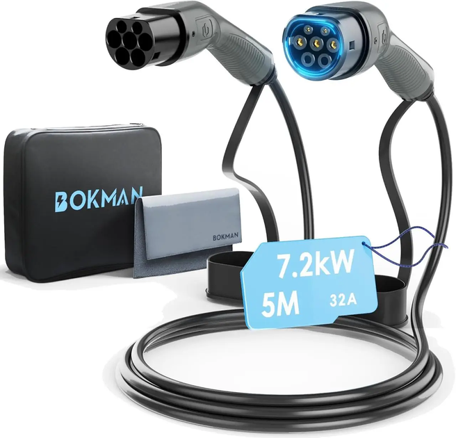Зарядный кабель bokman Type 2 EV, режим 3/32A/72 кВт/1 фаза/5 метров, электромобиль Plug-in Hybrid Type 2 Серый - Фото 1 Зарядный кабель bokman Type 2 EV, режим 3/32A/72 кВт/1 фаза/5 метров, электромобиль Plug-in Hybrid Type 2 Серый - изображение 1