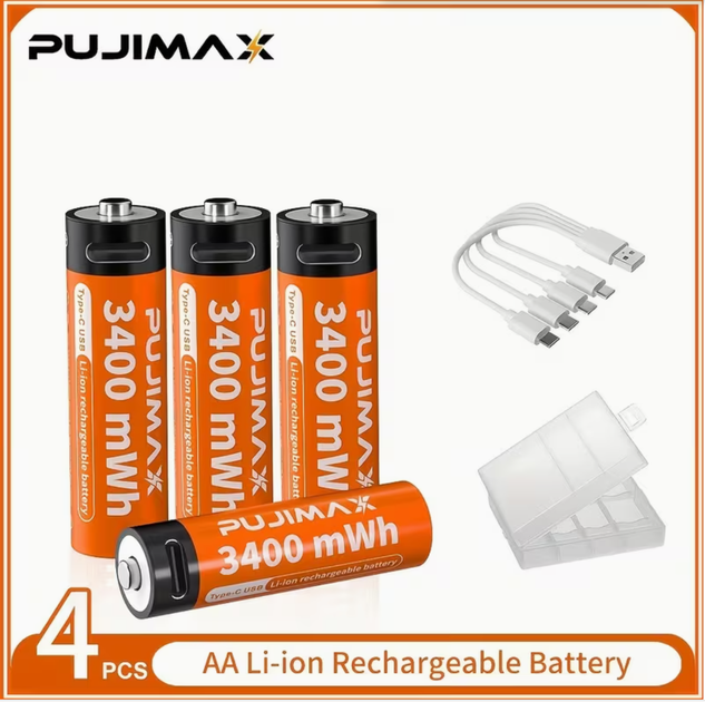 Аккумуляторы пальчиковые AA с входом USB Type-C 3400mWh 1.5V аккумуляторные батарейки с разъемом для зарядки в игрушки пульты фотоаппараты мышки фонарики Pujimax 4шт с кабелем - изображение 3