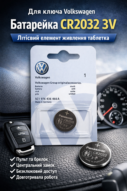 Литиевая батарейка CR2032 3V для брелока ключа Volkswagen, таблетка - Фото 1 Литиевая батарейка CR2032 3V для брелока ключа Volkswagen, таблетка - изображение 1